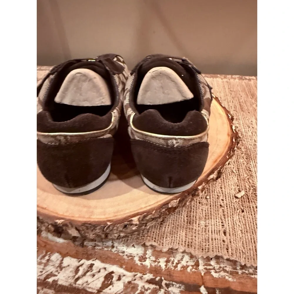Coach Kyrie Signature Logo Canvas Suede Athletic Sneaker Women's 6.5M Brown Gold